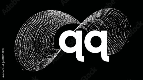 Modern abstract graphic design with white stylized letters 'qq' and flowing textured lines on a black background, minimalist artistic concept.