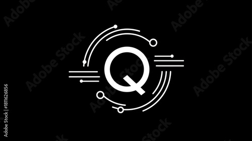 Abstract White Letter Q with Digital Circuit Lines and Futuristic Technology Elements on a Black Background, Modern Design Icon