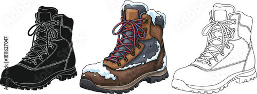 Set of three winter hiking boots in black, color, and outline drawing style