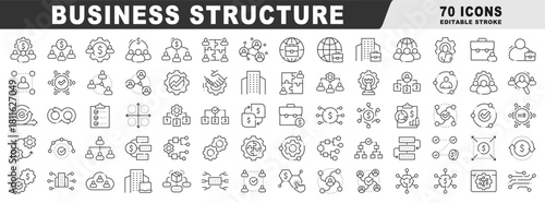 Business structure icons depicting organization hierarchy, management workflows, teams, finance, governance, approval, integration, and operations in clean outline, editable stroke
