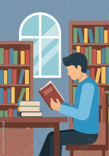 Man reading a book in library, visualizing a successful digital business model implementation, with shelves filled with knowledge and opportunities
