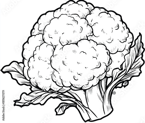 Detailed monochrome vector illustration of a cauliflower with leaves
