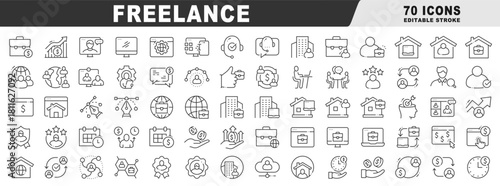 Freelance outline icons for remote projects: client communication, invoicing, payment, deadlines, collaboration, video meetings, portfolio, verified skills, editable vector stroke