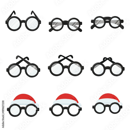 Collection of round eyeglasses and festive Santa hats for holiday eyewear.