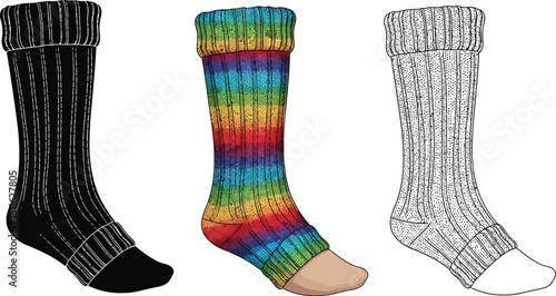 Three knitted hose or sock illustrations in black, rainbow, and sketch style