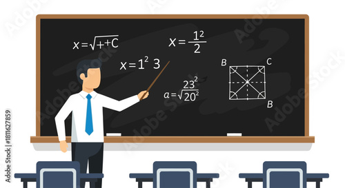Educator explaining a digital business model on a blackboard, symbolizing innovation and learning