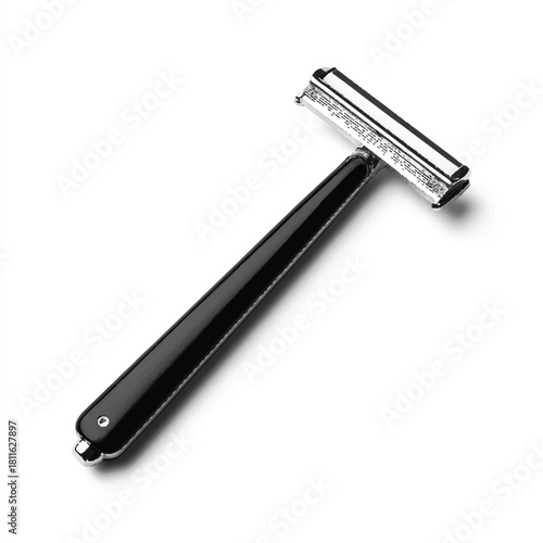 Elegant black handled razor on clean white background in studio shot