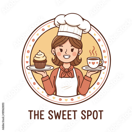 Cute Bakery Logo – Female Chef Holding Cupcake and Coffee Vector