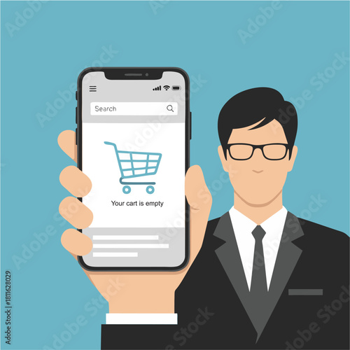 Professional man holding a smartphone displaying an empty online shopping cart, symbolizing digital commerce challenges and customer experience in mobile retail