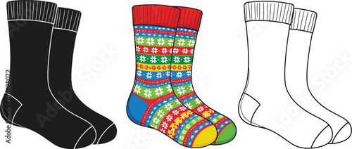 Set of three pairs of socks, black solid, colorful pattern, and outline