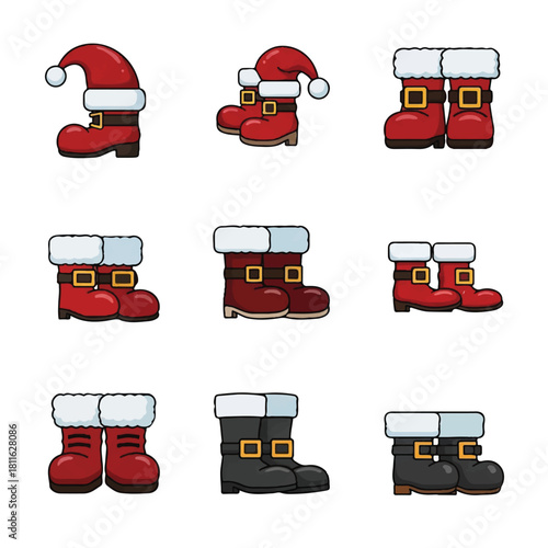 Collection of Santa Claus Boots in Pixel Art Style.