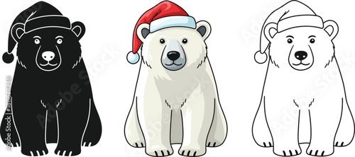 Set of three polar bear illustrations in black silhouette, color, and outline wearing santa hat