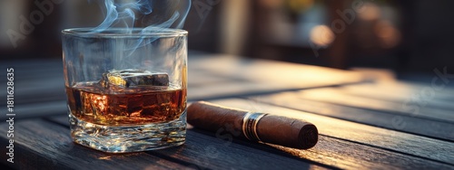A glass of whiskey with a cigar and ice on a wooden table outside, against a blurred old town street.