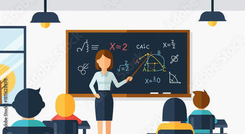 Female instructor teaching the mathematical principles of a new digital business model in a classroom