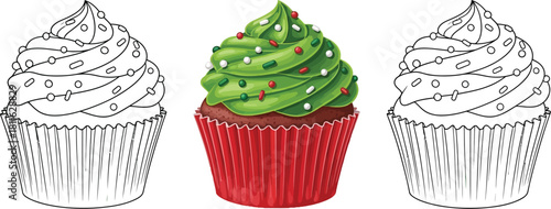 Christmas cupcake coloring page template with one colored example