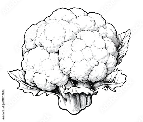 Elegant Monochrome Illustration of a Fresh Cauliflower Vegetable with Leaves