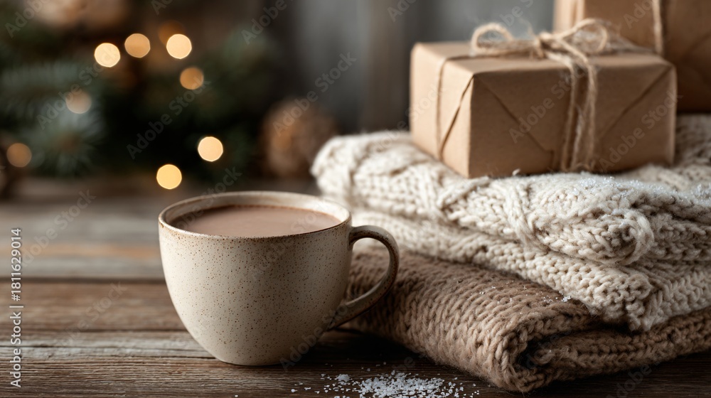Fototapeta premium A cozy scene: cup of cocoa beside small stack of presents, beige throw blanket