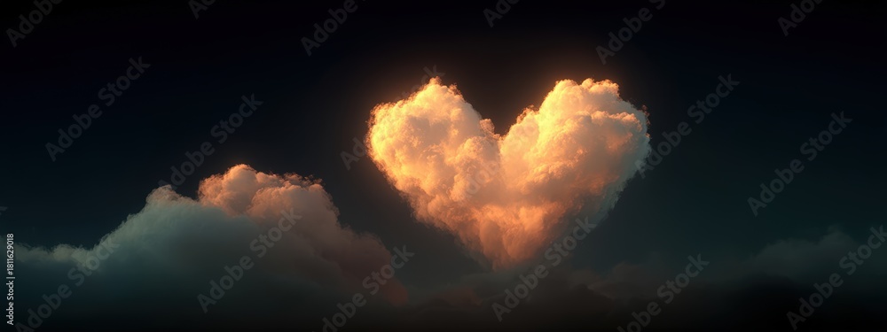 Obraz premium A heart-shaped cloud glows in the night sky filled with stars