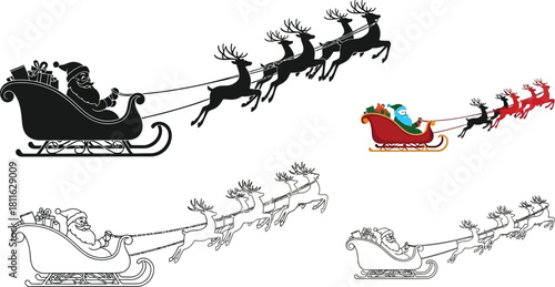 Collection of santa claus sleigh and reindeer silhouettes and outlines