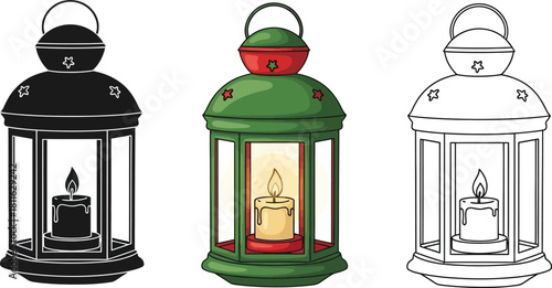 Set of three vintage lantern illustrations with lit candle inside