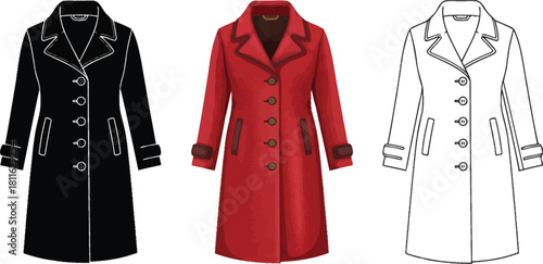 Set of three womens trench coat illustrations in black, red, and line drawing