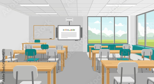 Contemporary classroom with digital display for interactive learning, representing an ideal environment to educate on and develop innovative digital business models for future success