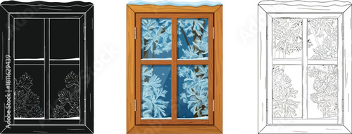 Set of three window variations black silhouette, colored view of snowy branch, and outline drawing