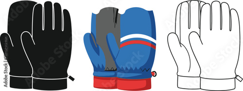 Set of three winter glove and mitten icons in black, color, and outline style