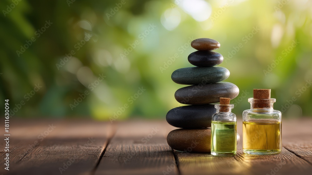 Obraz premium A serene arrangement of massage stones and soothing oil on a wooden plank