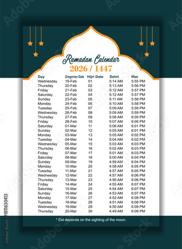 Ramadan Calendar 2026 with Daily Sehri and Iftar Timing Template
