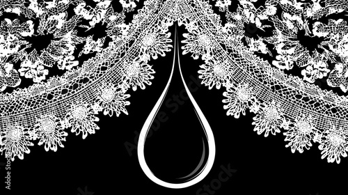 Elegant White Floral Lace Border Design with Central Droplet Element on Black Background - Graphic Art