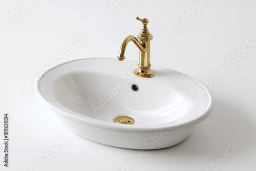 Elegant White Ceramic Bathroom Sink with Golden Faucet on White Background