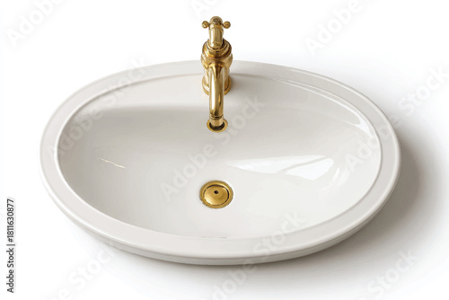 Elegant White Ceramic Sink with Gold Faucet on White Background