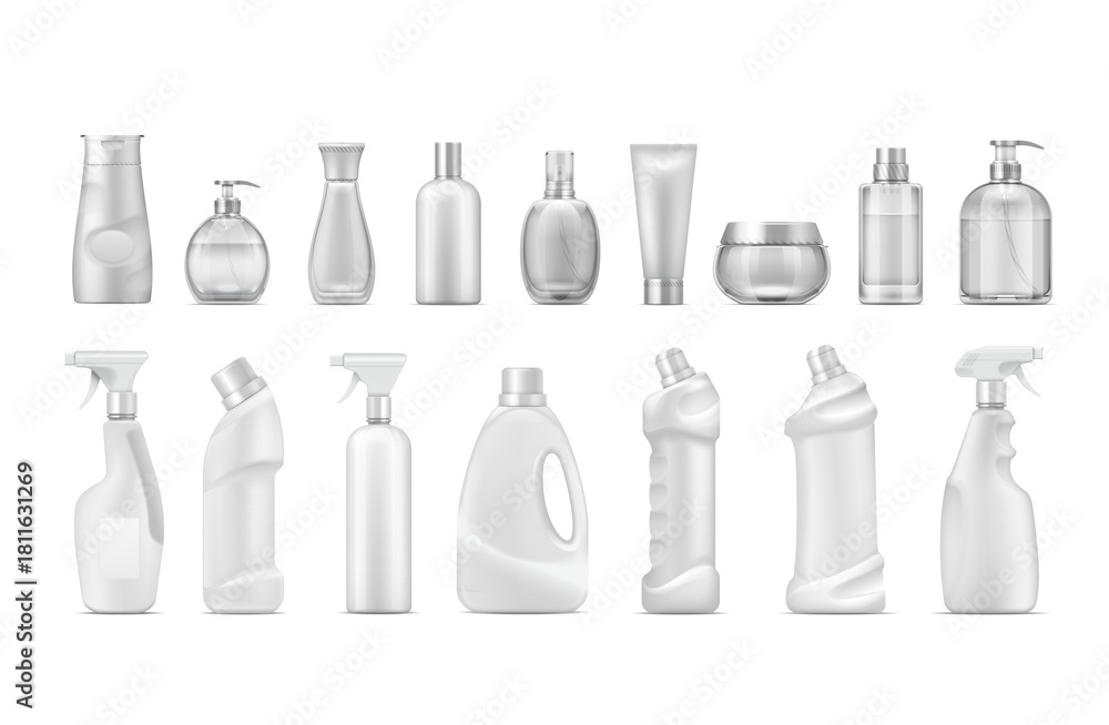 Fototapeta premium A Spectrum of Bottles: An assortment of pristine, blank bottles. Each vessel, a canvas ready to house products, symbolizing a spectrum of product lines, all awaiting their purpose.