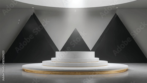 Elegant white marble pedestal platform with golden accents and geometric backdrop
