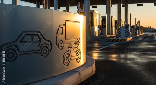 Modern Toll Plaza: Transportation Icons And Structure With Golden Hour Lighting