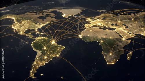 The image depicts a world map at night, showcasing illuminated cities and global network connections, indicating global
