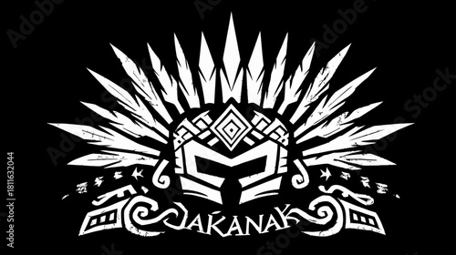Stylized tribal warrior helmet mask with feathered headdress and ancient decorative elements on a black background, vector illustration.