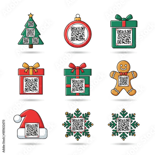 Festive QR Code Christmas Icons: Tree Ornament Gift Gingerbread Hat Snowflake.