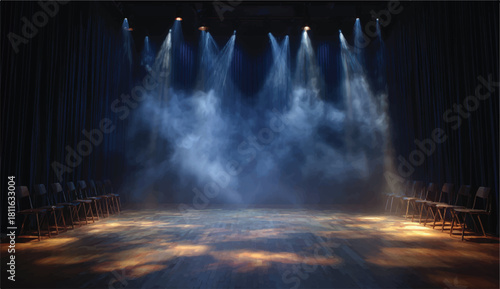 Empty stage with spotlights curtains and chairs ready for performance