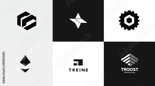 Set of abstract modern geometric logo designs, black and white minimalist business branding symbols for corporate identity concept