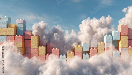 Fantasy City Made of Building Blocks Floating in the Clouds