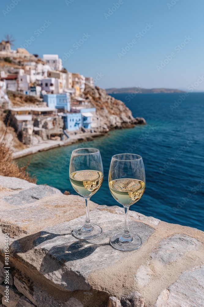 Obraz premium Two glasses of white wine on a stone wall overlooking a turquoise bay and Greek town