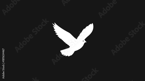Abstract white bird silhouette flying with spread wings on a stark black backdrop, symbolizing peace, freedom, and spirituality.