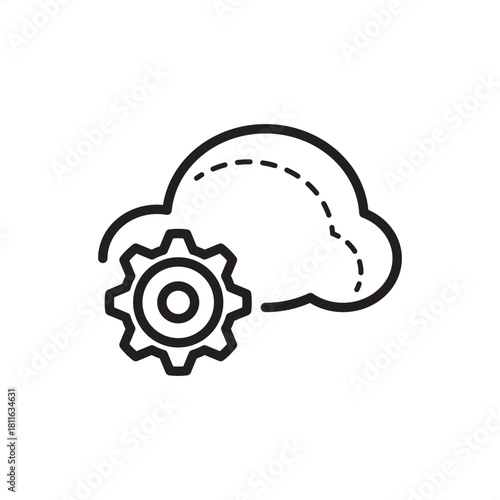 Minimal cloud and gear line-art icon representing cloud engineering, automation, and digital infrastructure; ideal for tech guides, SaaS branding, IT solutions, and modern workflow infographics.