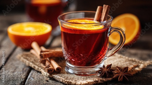 Warm spiced beverage with orange slices and cinnamon stick on a rustic wooden table