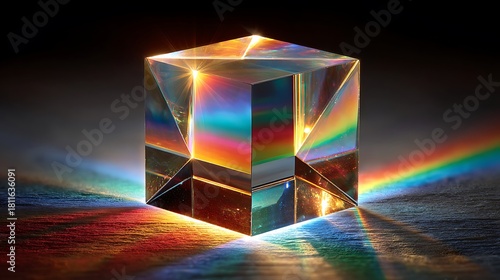 Optical cube dispersing light into rainbow colors, creating a mesmerizing display of physics and beauty, perfect for science, education, or artistic concepts