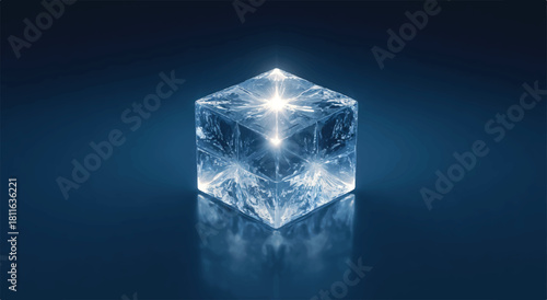Glowing ice cube on dark blue background concept of purity