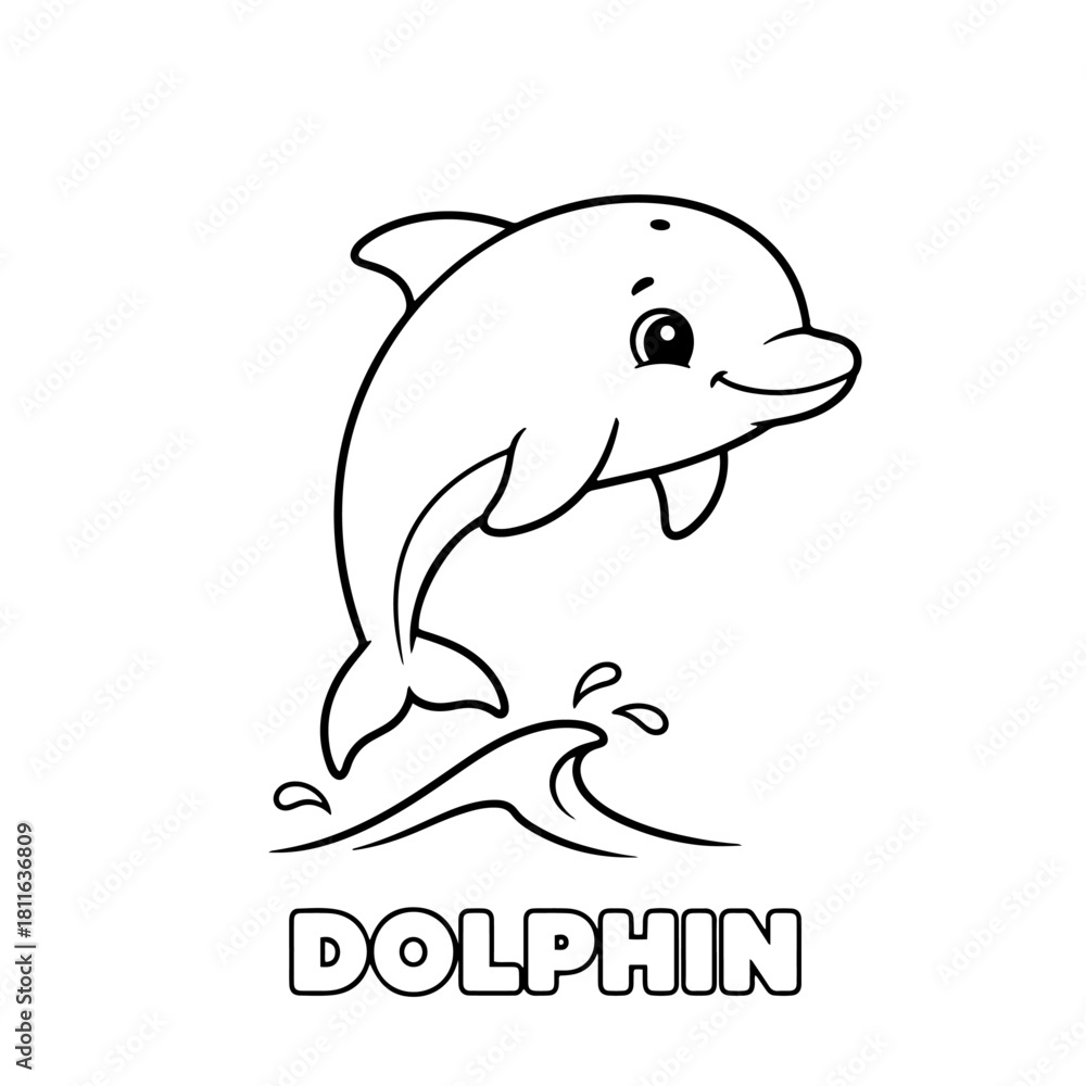 Obraz premium Small Dolphin Jumping,Black and White Cartoon Coloring Page