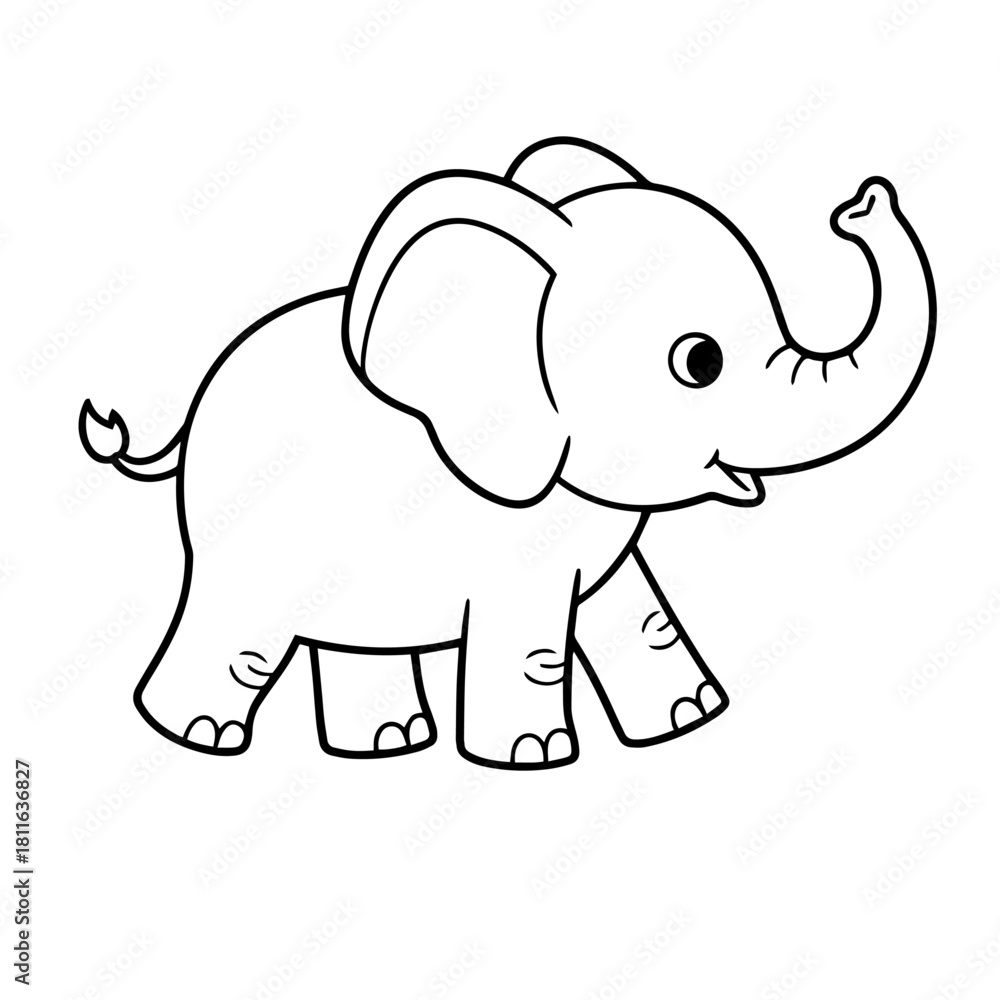 Fototapeta premium Baby Elephant Walking,Simple Cartoon Line Art Coloring Page